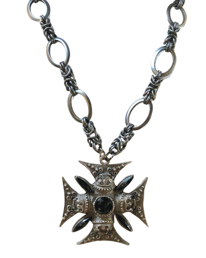 Front of a size O/S Maltese Cross Necklace in Silver/Black in Silver/Black by Erin Knight Designs. | dia_product_style_image_id:329414